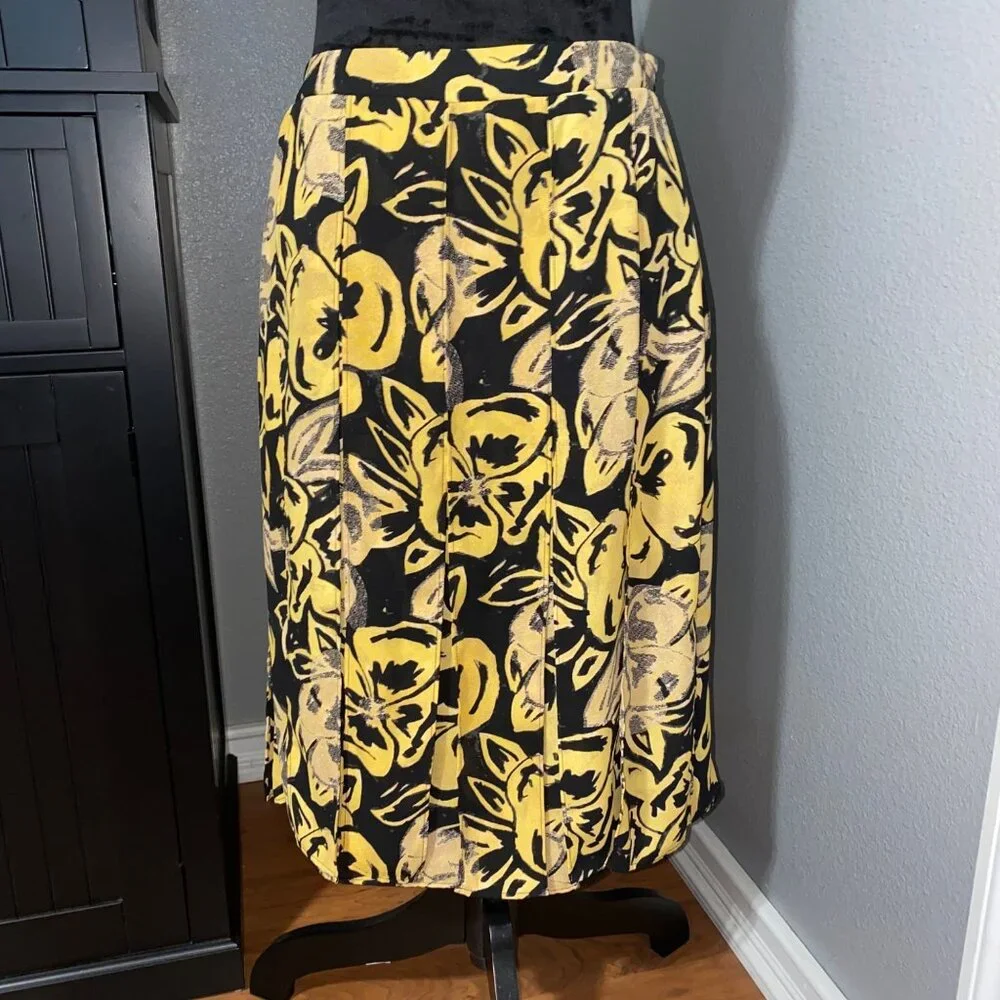 Who What Wear Womens Size 8 Yellow Black Floral Midi Skirt Tie Belt High Waist - Picture 1 of 8